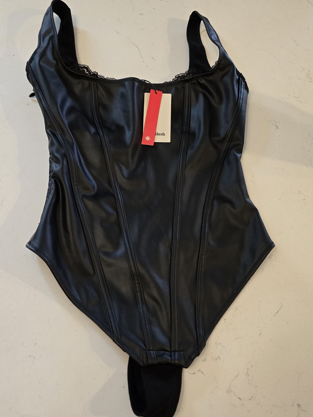 Popilush Faux Leather Lace Shapewear Bodysuit Tummy Control Thong Underwire Sz S
